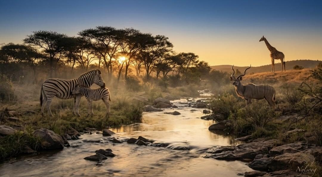 Zebras, a kudu and a giraffe beside a golden stream at sunset, with acacia silhouettes
