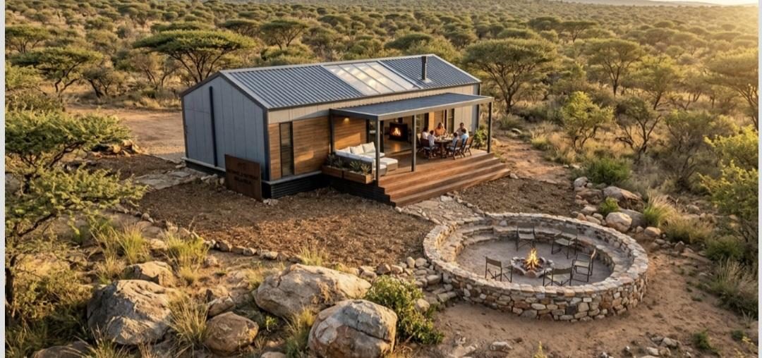 A compact steel-roof cabin with solar panels and a circular stone fire pit in open bush