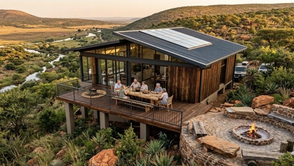 A timber house with solar panels, a dining deck and a stone fire pit above a river valley