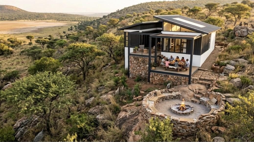 A hillside cabin with a stone base, dark upper floor and a round stone boma